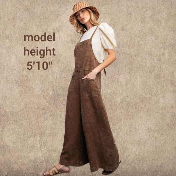 EASEL "Here I Am" Mineral Washed Wide Leg Jumpsuit Adjustable Tie Straps Pockets - Picture 6 of 16